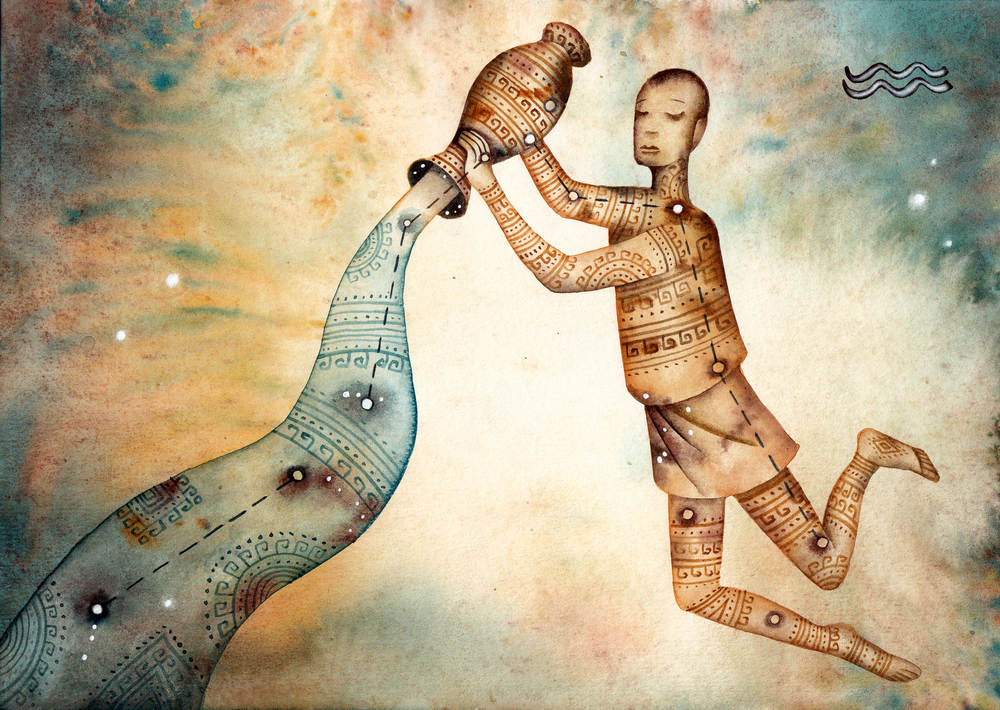 Aquarius the Water-Bearer, showcasing the constellation, the zodiacal imagery, and the shorthand symbol Aquarius the Water-Bearer, showcasing the constellation, the zodiacal imagery, and the shorthand symbol
