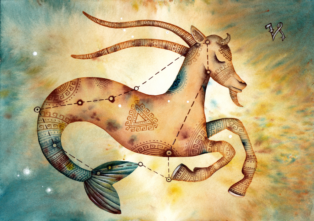 Capricorn the Goat, showcasing the constellation, the astrological iconography, and the shorthand symbol
