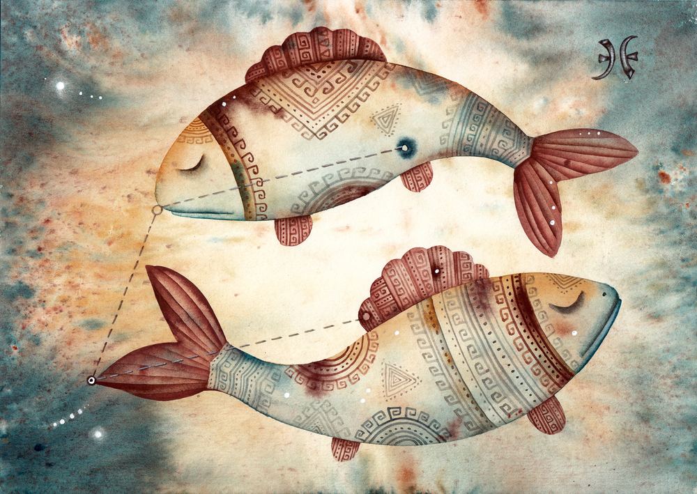 Pisces the Fish, showcasing the constellation, the zodiacal imagery, and the shorthand symbol