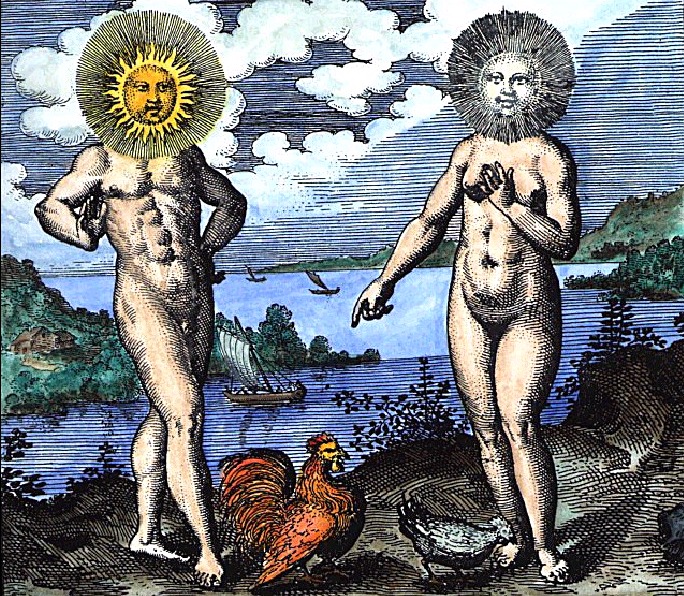 An image from the mythological-based alchemical treatise Atalanta fugiens (1618) by Michael Maier, displaying Sol and Luna; the conjunction of opposing masculine and feminine energies.
