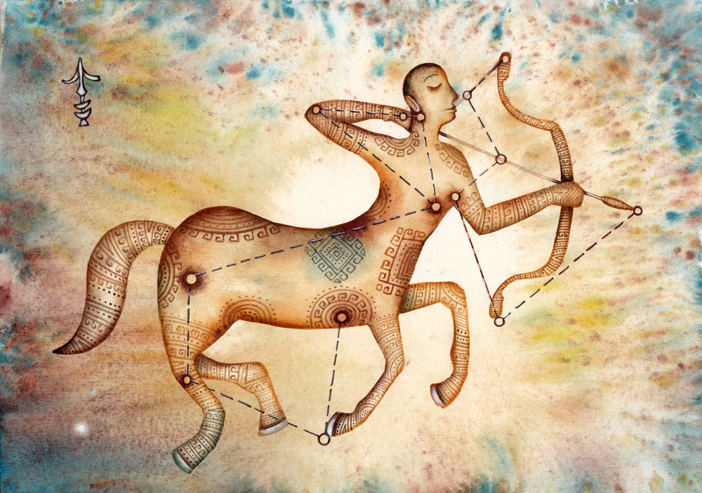 Sagittarius the Archer, showcasing the constellation, the zodiacal image, and the shorthand symbol